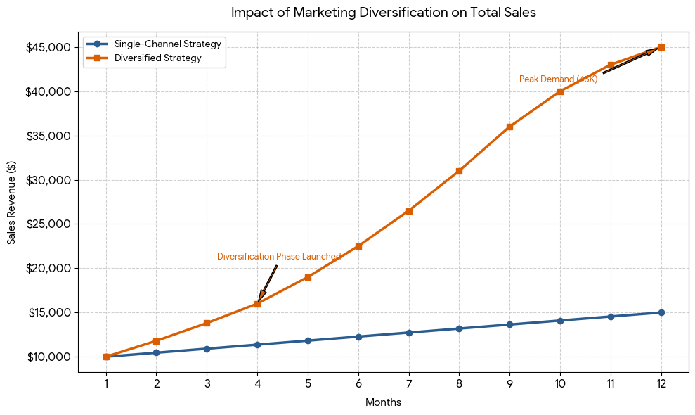 Graph showing diversified marketing outgrowing a single channel by CHRONA STUDIOS, digital marketing for family-owned brick-and-mortar businesses