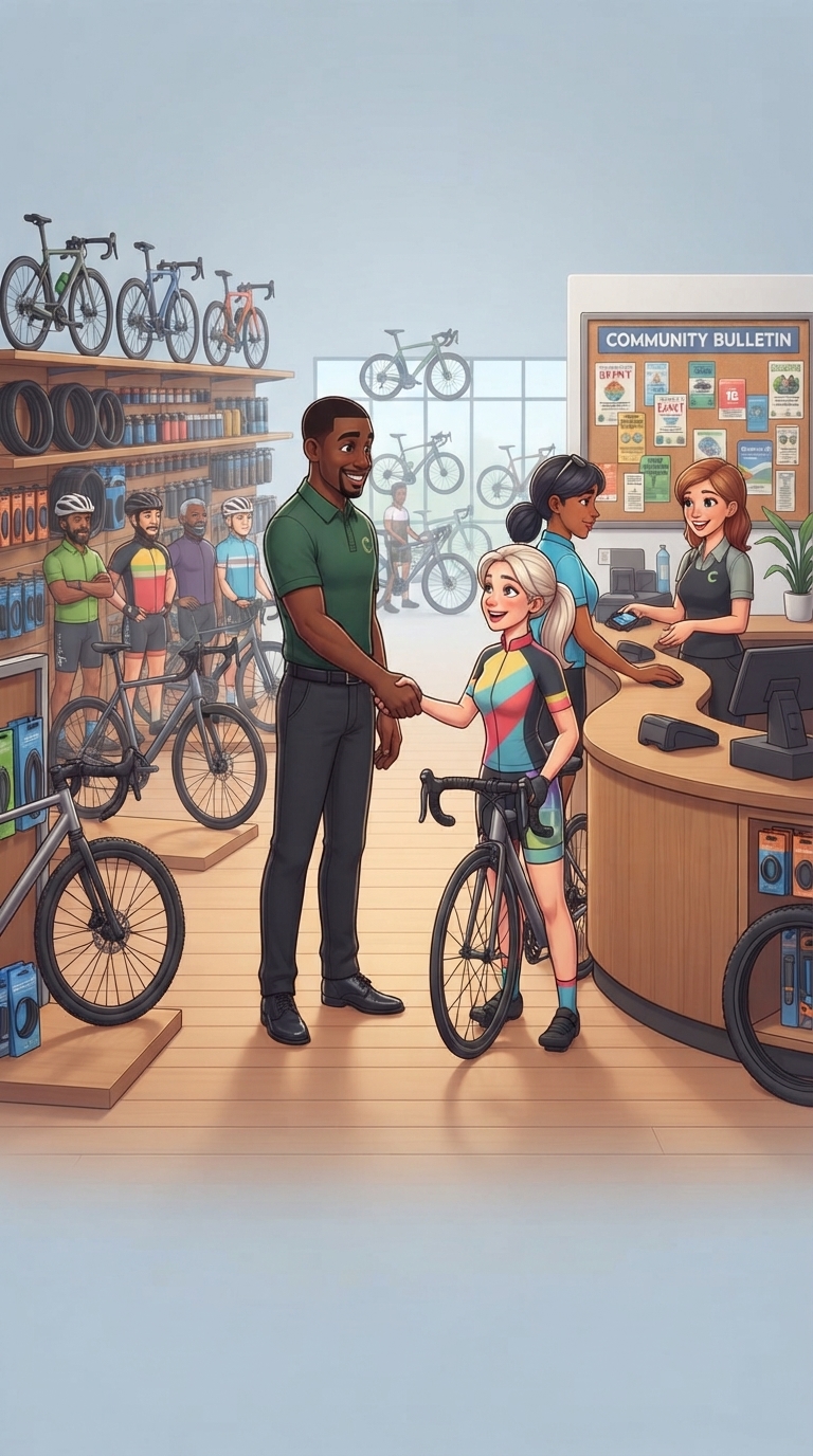 Bike shop owner greeting a customer by CHRONA STUDIOS, digital marketing for family-owned brick-and-mortar businesses