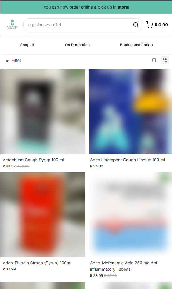 Puri-Pharm product listing with prices and original blurred product packaging