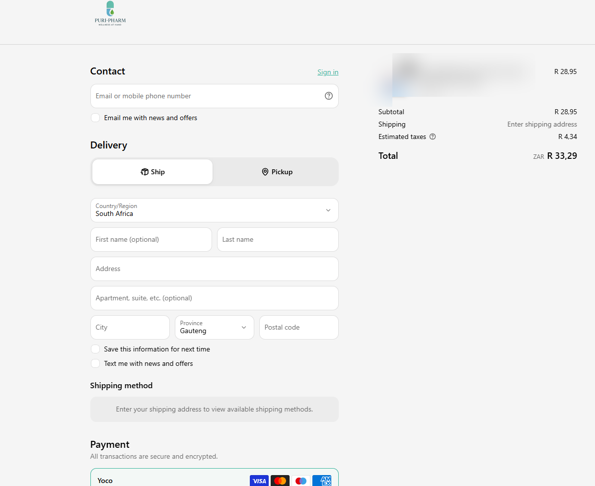Puri-Pharm secure checkout with contact, delivery and payment steps, product details blurred