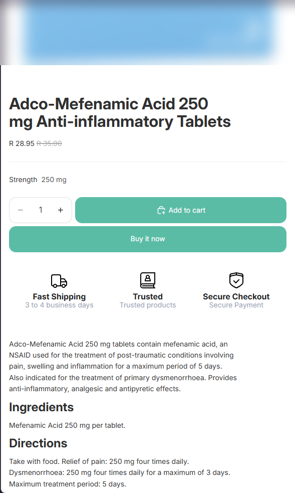 Puri-Pharm product page with strength, directions and add-to-cart controls, with original packaging blur