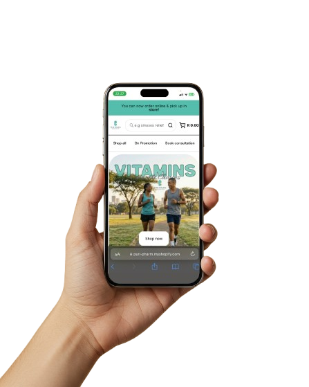 A hand holding a phone showing the Puri-Pharm online store